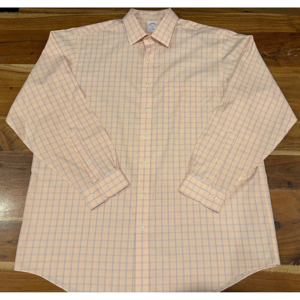 Brooks Brothers 346 Dress Shirt Mens 17.5 6/7 Orange Blue Check Non Iron Cotton